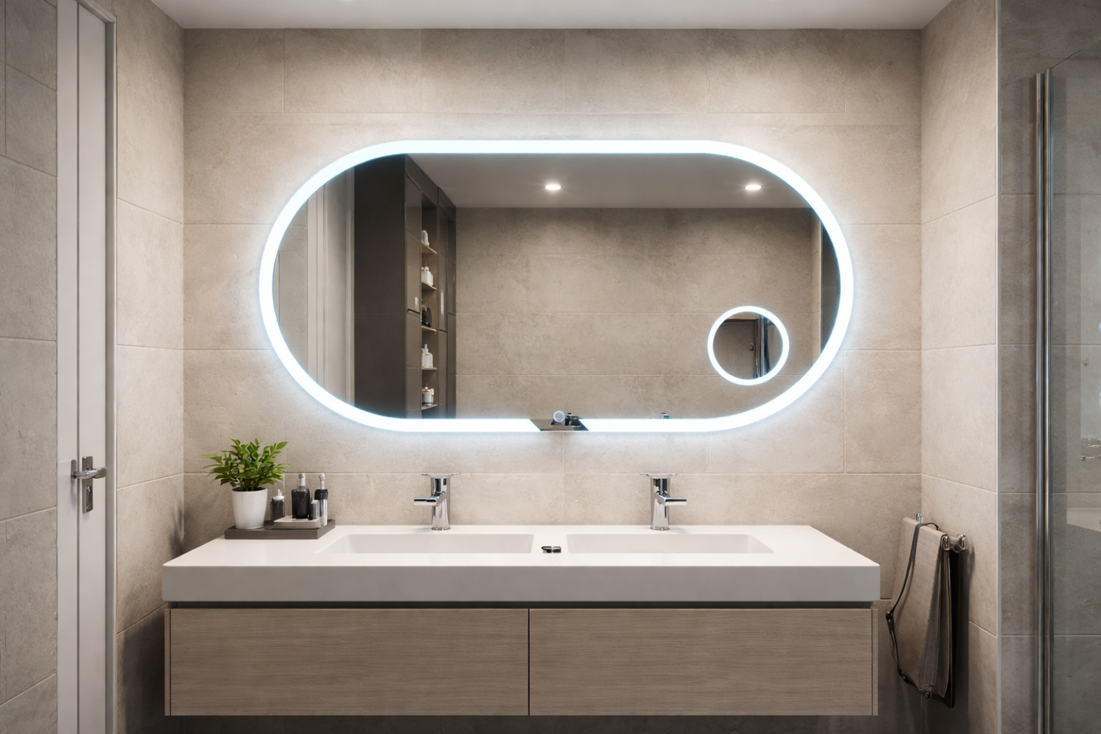 Miroir ovale lumineux avec petit miroir grossissant intégré : magasin spécialisé dans les salles de bains à Yvetot - TK Carrelage