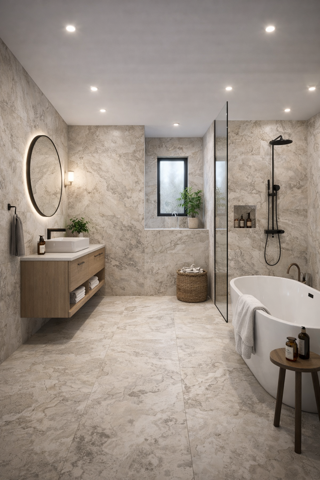 Carrelage effet pierre gris pour salle de bain moderne en magasin spécialisé dans les salle de bain à Yvetot- TK Carrelage