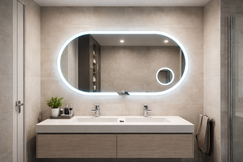 Miroir ovale lumineux avec petit miroir grossissant intégré : magasin spécialisé dans les salles de bains à Yvetot - TK Carrelage
