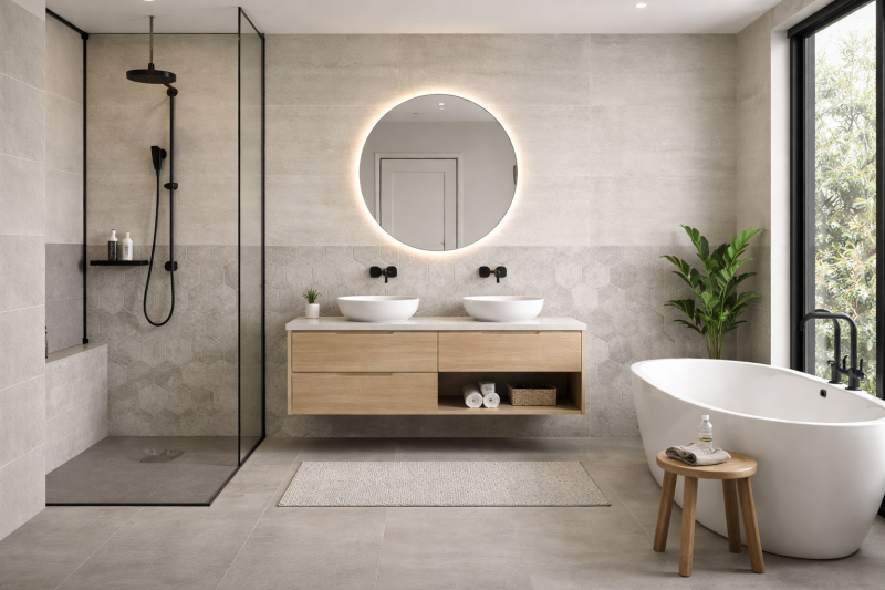 Carrelage effet ciment lisse avec décor alvéoles pour salle de bain moderne à Cany - TK Carrelage