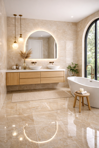 Carrelage effet pierre beige brillant à commander dans un magasin spécialisé à Yvetot- TK Carrelage